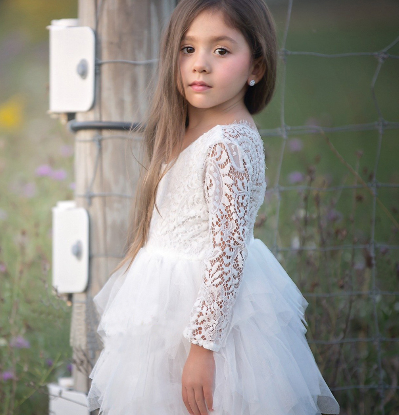 Autumn And Winter Explosions Hollow Children's Skirt Lace Long-sleeved Girls White Princess Dress Irregular Dress Image