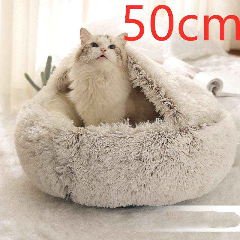 2 In 1 Dog And Cat Bed Pet Winter Bed Round Plush Warm Bed House Soft Long Plush Pets Bed Image