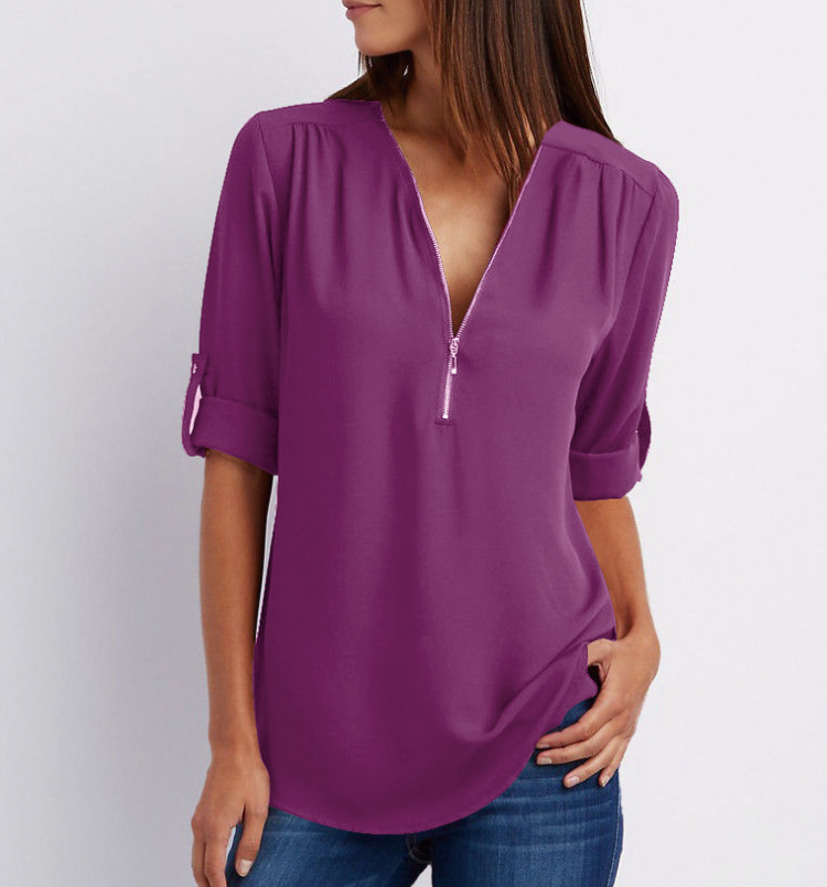 Zip V-neck Shirts Women Short Sleeve Loose Tops Image