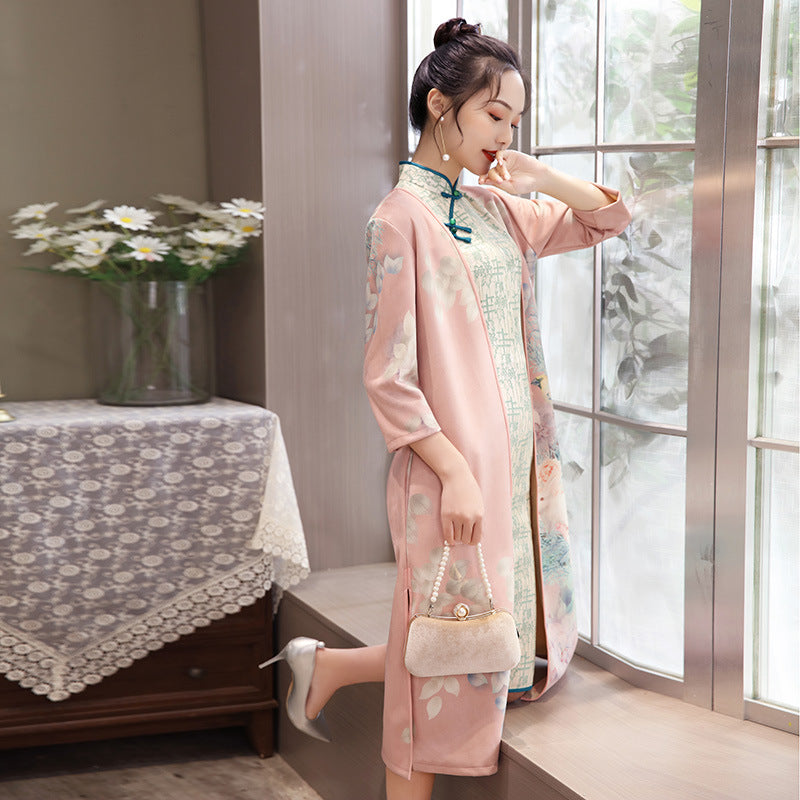 Women's Medium Length Cheongsam With Suede And Aodai Dress Image