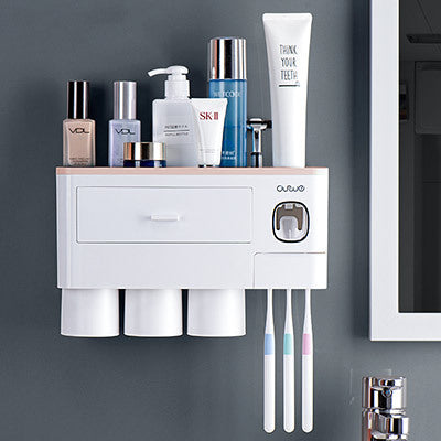 Non-marking Hanging Magnetic Toothbrush Holder Single Drawer Storage Rack With Toothpaste Squeezer Toiletry Set Image