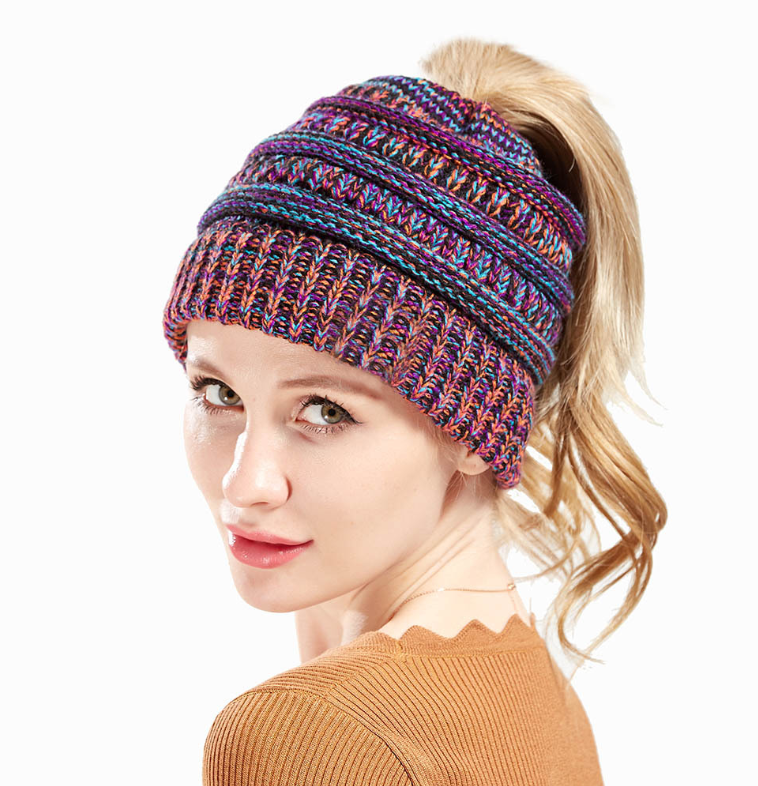 Mixed Color Knitted Wool Hat Ladies Non-labeled Ponytail Hat Image