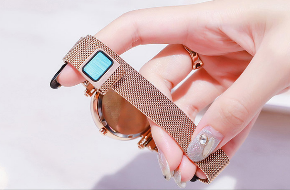 Luxury Women Watches Mesh Ladies Clock Magnet Buckle Starry Diamond Geometric Surface Quartz Wristwatch Image