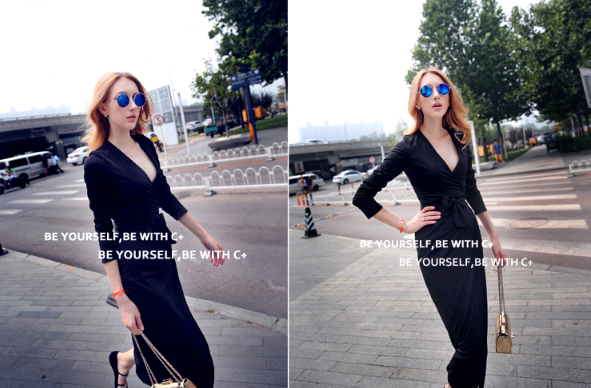 New V-neck Tie Waist Slim Slimming Dress Image