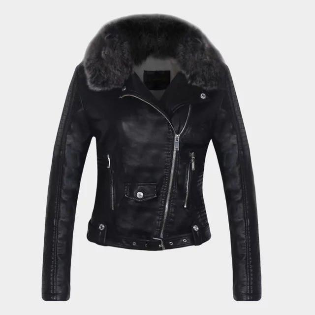 DETACHABLE FUR COLLAR WARM FAUX LEATHER JACKET Image