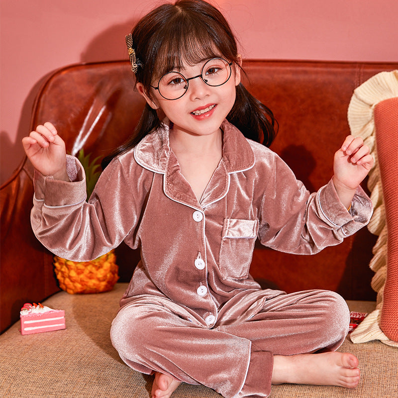 Children's Gold Velvet Solid Color Pajamas Set Image
