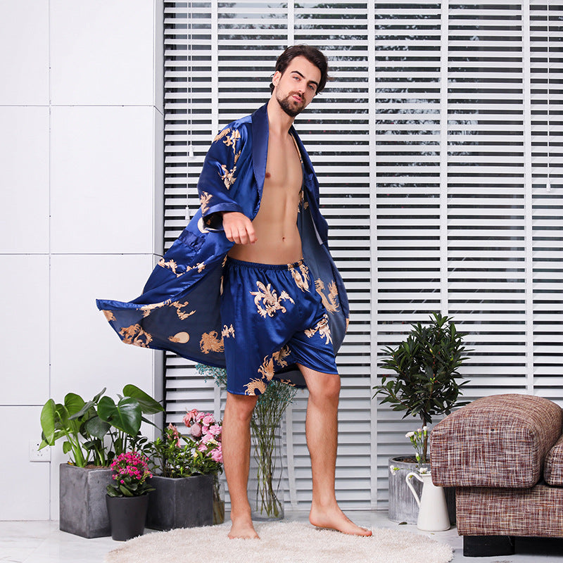 Men's simulation silk long sleeve nightgown Image