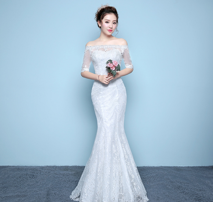 Wholesale wedding dress bride wedding dress factory direct fishtail wedding dress waist fishtail wedding Qi word shoulder Image