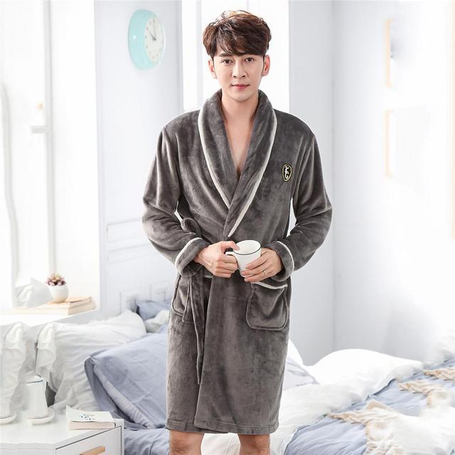 Winter Flannel Lovers Robe Gown Elegant Solid Casual Sleepwe Image