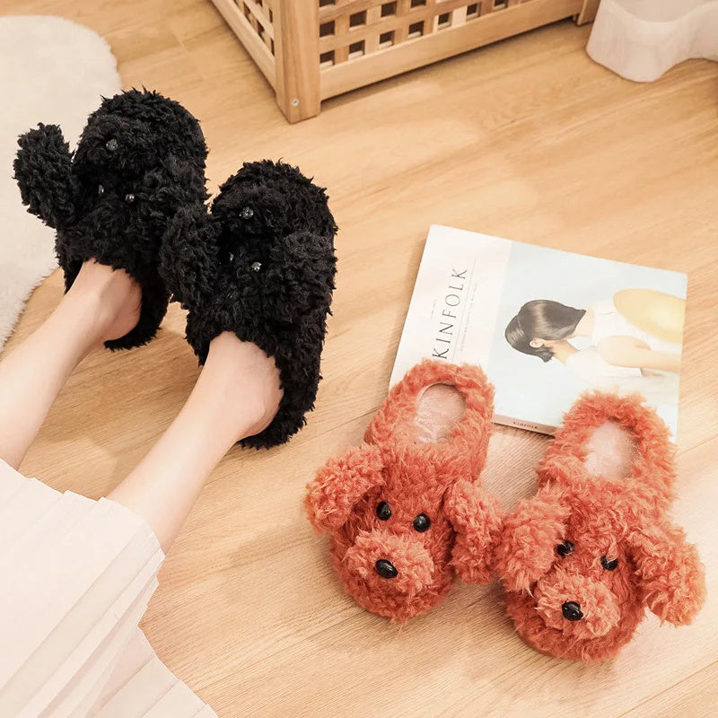 Comwarm Cute Dog Short Plush Slippers For Women 2023 Winter Warm Furry Cotton Shoes Couples Home Indoor Bedroom Cozy Slippers Image