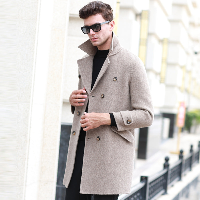 Double-breasted mid-length woolen coat Image