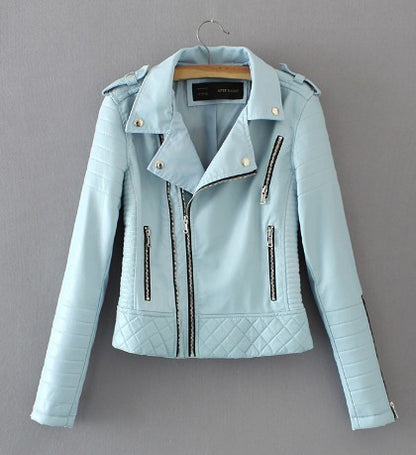 2021 New Fashion Women Spring Autumn Soft Faux Leather Jackets Lady Motorcyle Zippers Biker Blue Coats Black Outerwear Hot Sale