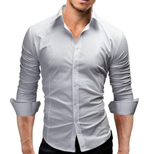 Men's Slim-fit Long-sleeved Solid Color Simple Formal Shirt Image