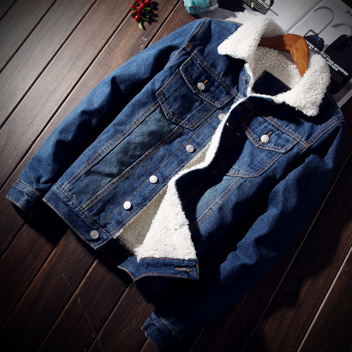 Denim Bomber Jacket with Fur Men Black High Quality Fashion Jeans Jacket Fleece Winter Jeansjacke Herren Men Blue Oversized