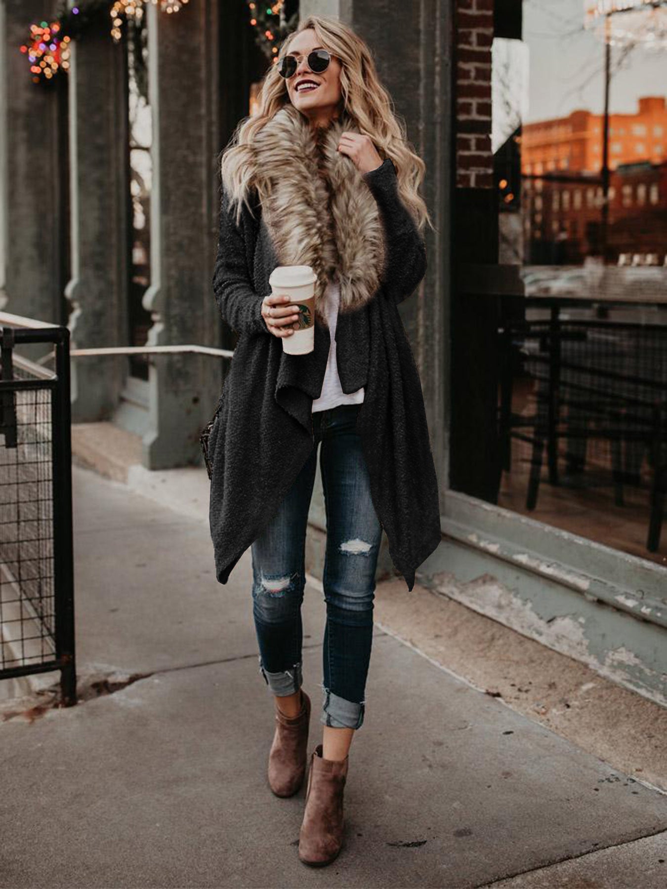 Fur collar cardigan plush trench coat Image