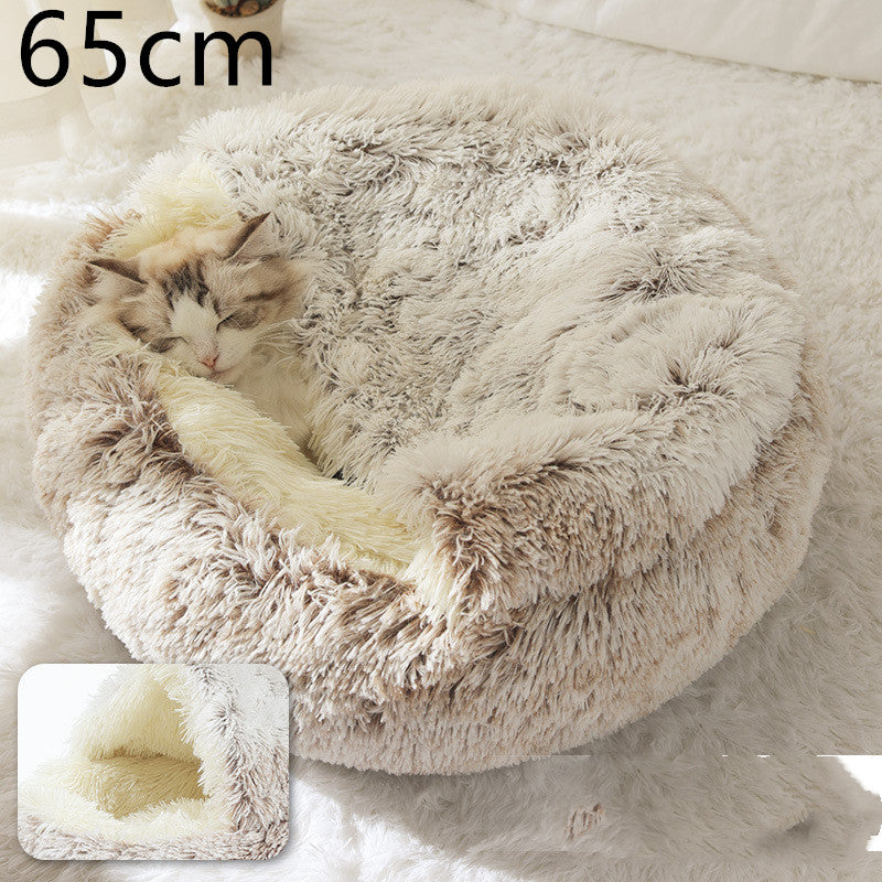 2 In 1 Dog And Cat Bed Pet Winter Bed Round Plush Warm Bed House Soft Long Plush Pets Bed Image