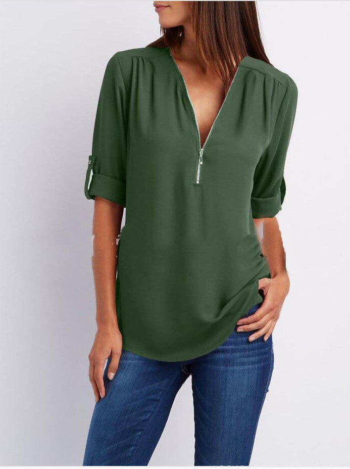 Zip V-neck Shirts Women Short Sleeve Loose Tops Image