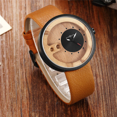 Fashion Top Brand Wooden Watch Men Exquisite Carving Hollow Design Male Clock Unique Green Leather Quartz Wood Watches Image