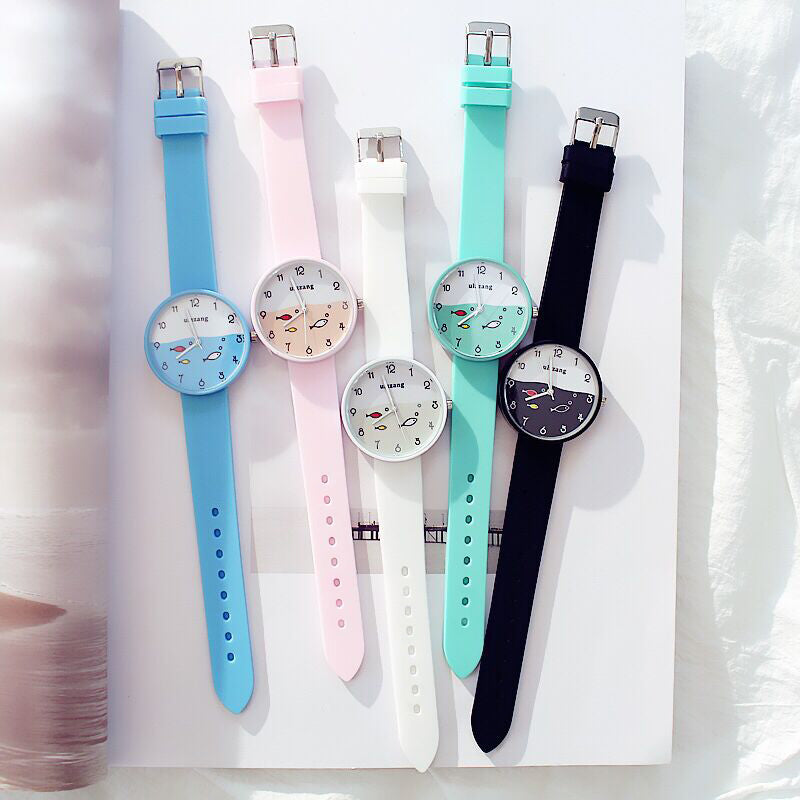 Children Watch For Girls Color Silicone Strap Fashion Quartz Wristwatch Fish Dial Cartoon Kids Clock Image