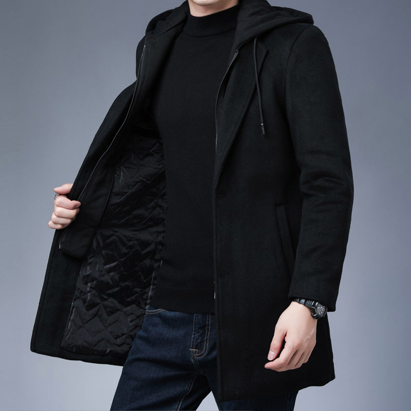 Mens Detachable Hooded Woolen Winter Coat Jacket Mid-Length Single Breasted Image