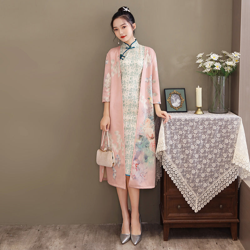 Women's Medium Length Cheongsam With Suede And Aodai Dress Image