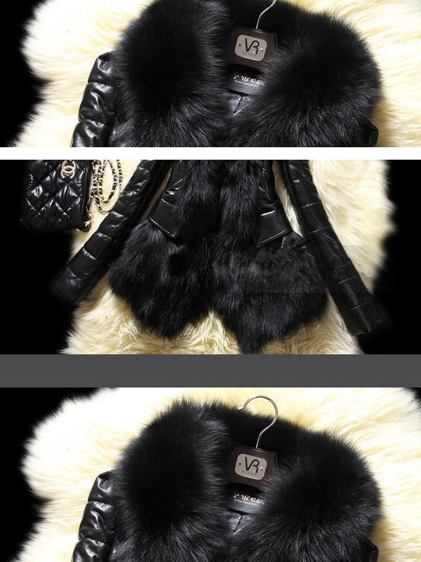 Faux fur large fur collar leather jacket Image