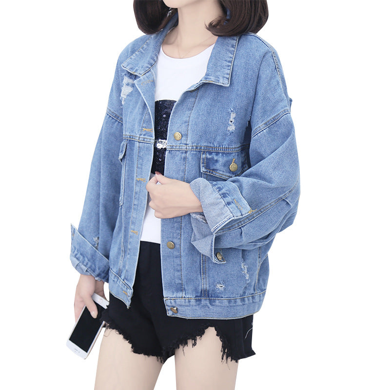 Ripped Sequined Denim Jacket Women Jacket Top Image