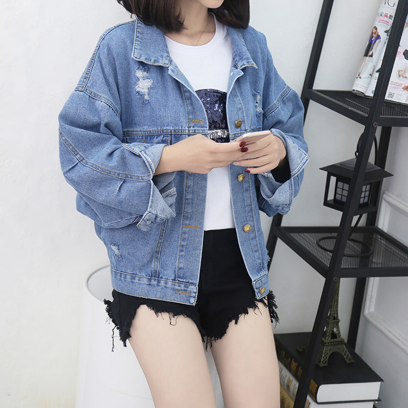 Ripped Sequined Denim Jacket Women Jacket Top Image