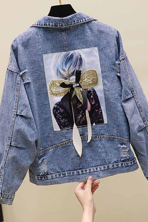 Ripped Sequined Denim Jacket Women Jacket Top Image