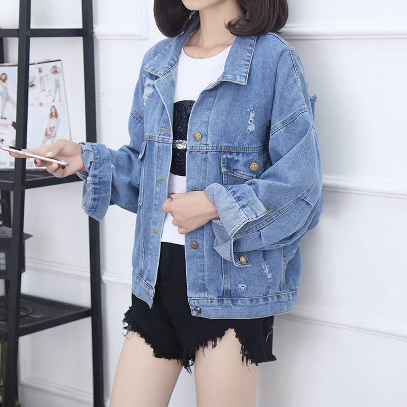 Ripped Sequined Denim Jacket Women Jacket Top Image