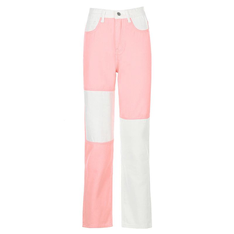 Contrasting Stitching High-rise Straight-leg Jeans Women Image