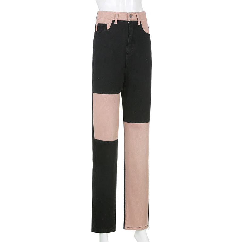 Contrasting Stitching High-rise Straight-leg Jeans Women Image