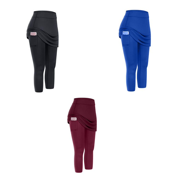 Women Tennis Skirted Leggings Pockets Elastic Sports Yoga Capris Skirts Legging Image