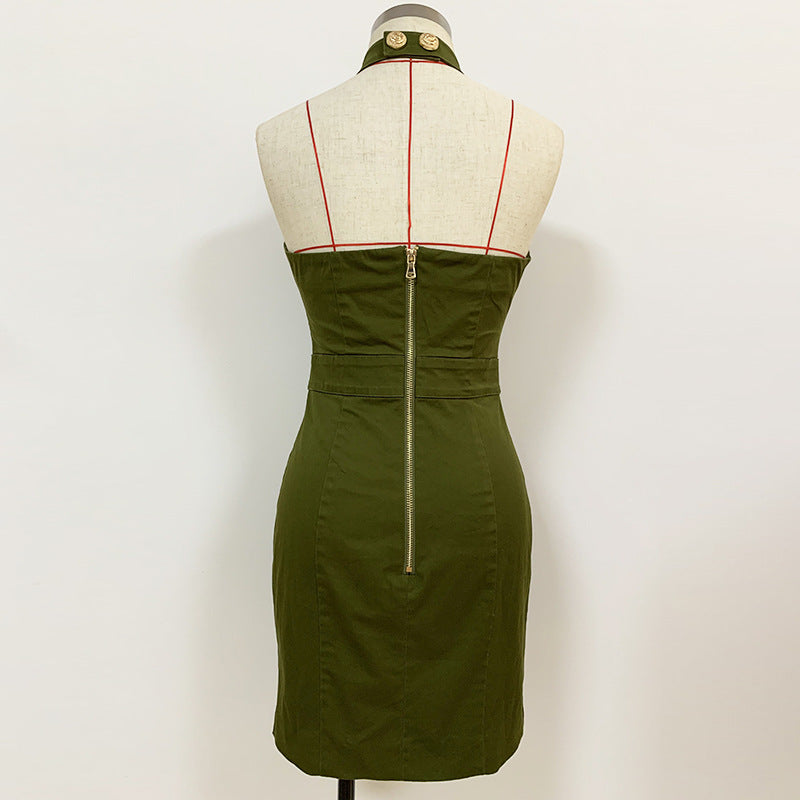 Women Lion Buttons Chain Green Cotton Backless Halter Dress Image