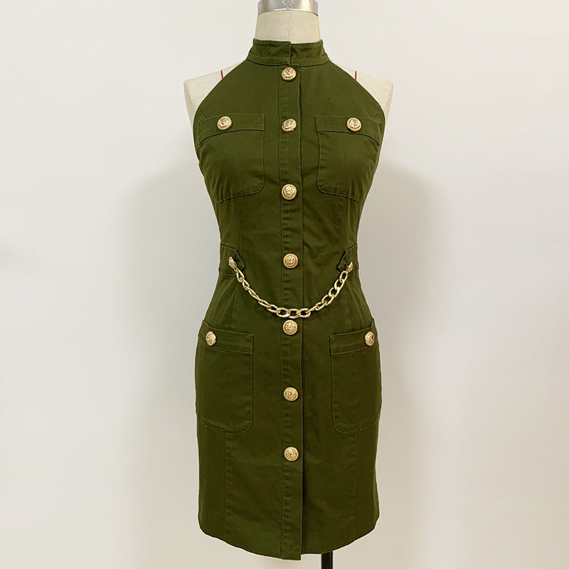 Women Lion Buttons Chain Green Cotton Backless Halter Dress Image