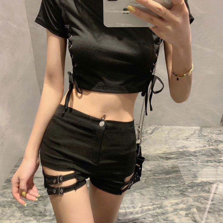 Double Buckle Design High Waist Stretch Tight Shorts For Women Image