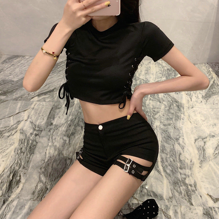 Double Buckle Design High Waist Stretch Tight Shorts For Women Image