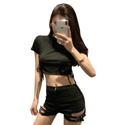 Double Buckle Design High Waist Stretch Tight Shorts For Women Image