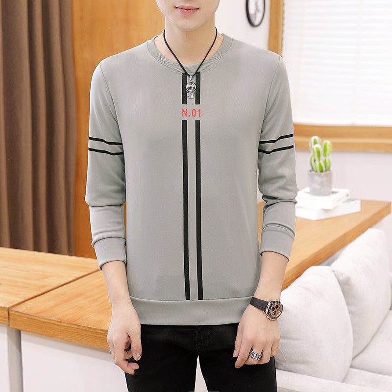 Spring and Autumn New mens printed long-sleeved T-shirt teen round neck bottom top fashion casual mens clothing Image