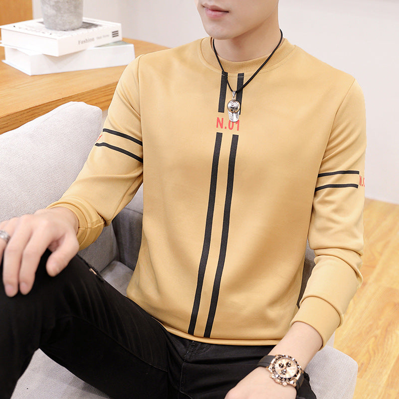 Spring and Autumn New mens printed long-sleeved T-shirt teen round neck bottom top fashion casual mens clothing Image