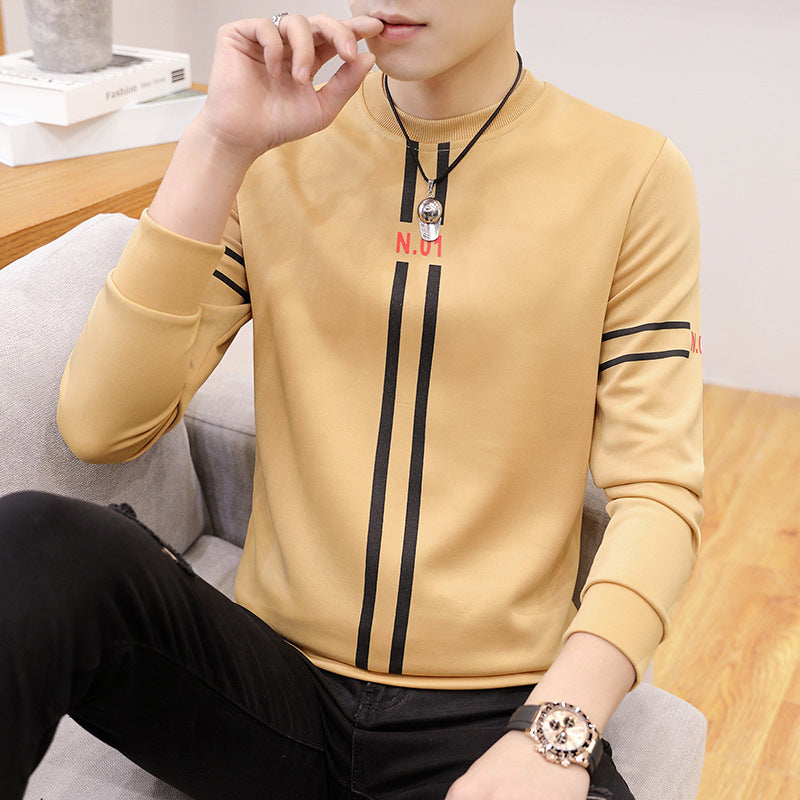 Spring and Autumn New mens printed long-sleeved T-shirt teen round neck bottom top fashion casual mens clothing Image