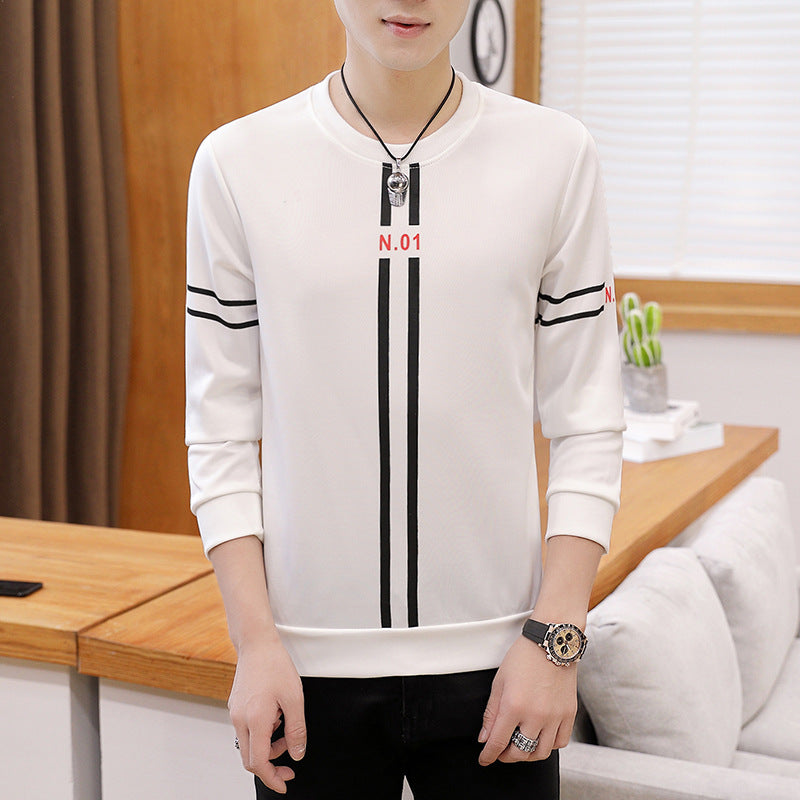 Spring and Autumn New mens printed long-sleeved T-shirt teen round neck bottom top fashion casual mens clothing Image