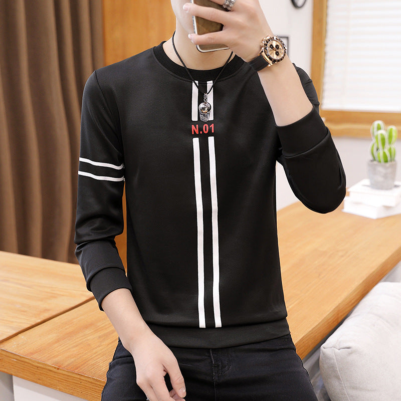 Spring and Autumn New mens printed long-sleeved T-shirt teen round neck bottom top fashion casual mens clothing Image