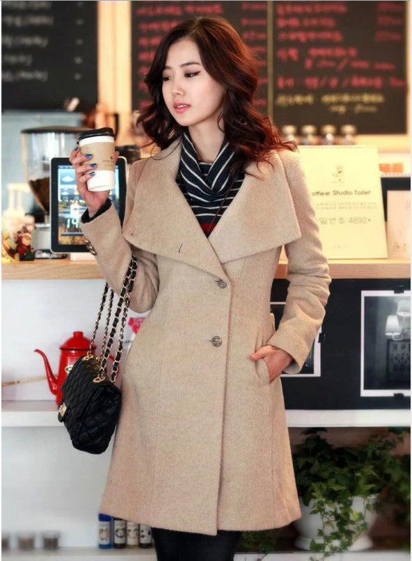 Woolen Women's Coat Mid Length Single Breasted Belted Woolen Coat Image