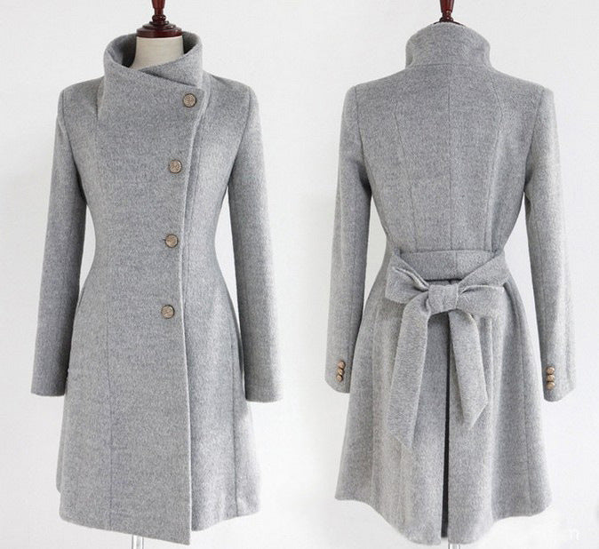 Woolen Women's Coat Mid Length Single Breasted Belted Woolen Coat Image