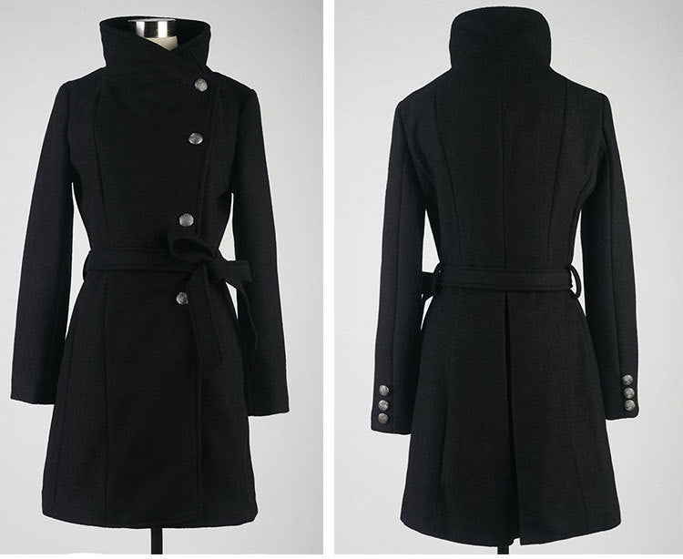 Woolen Women's Coat Mid Length Single Breasted Belted Woolen Coat Image