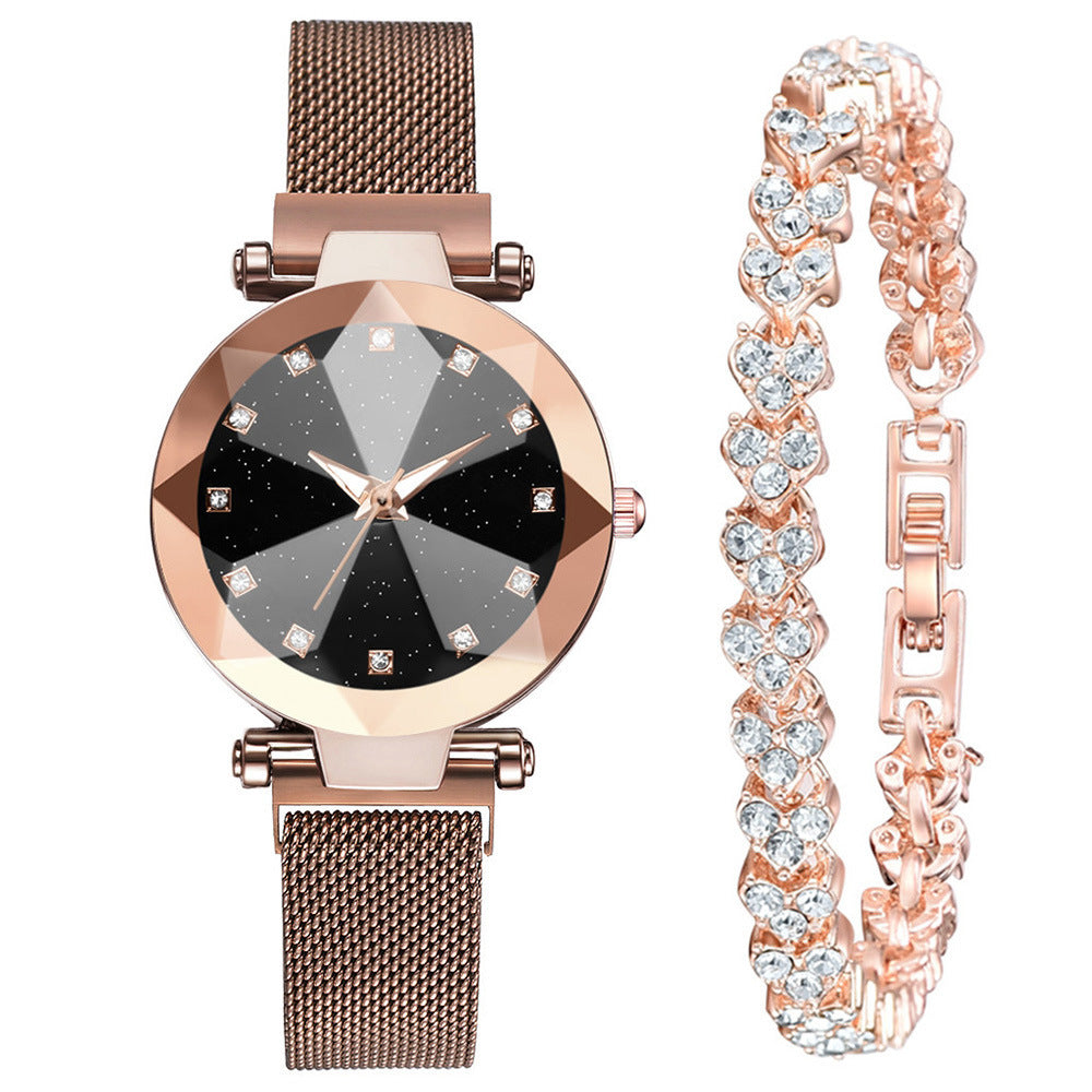 Women's Watch Square Diamond Rhinestone Starry Sky Face Ladies Casual Fashion Watch Set Bracelet Watch Image