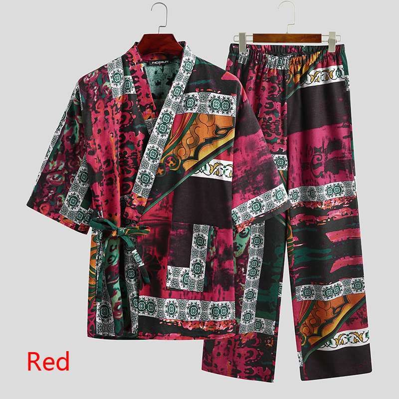 Men Pajamas Sets Men Half Sleeve V Neck Printed Lace Up Image