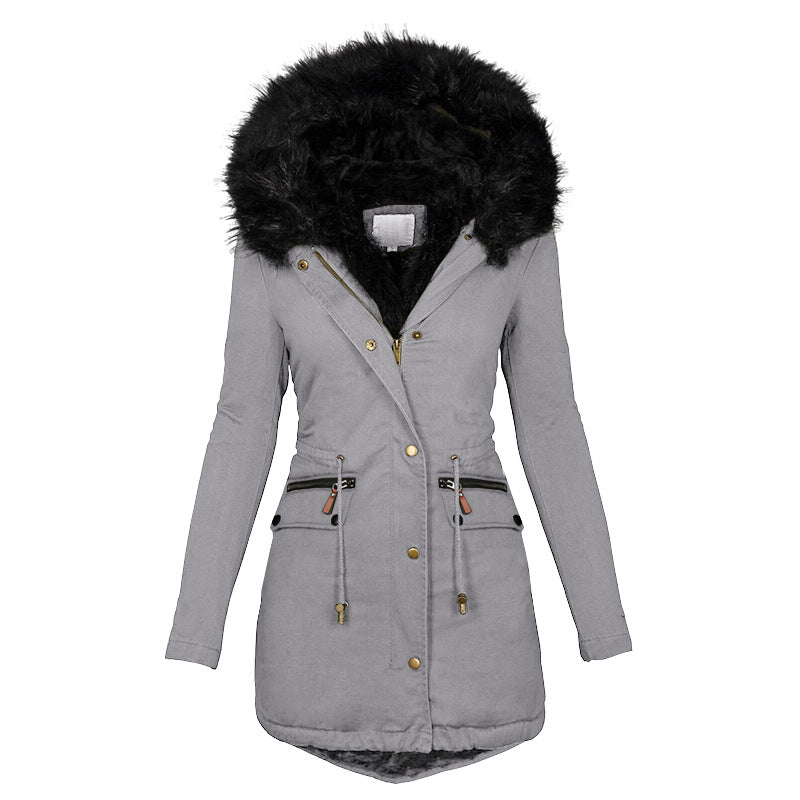 Women's Solid Colorfur Collar Hooded Mid-length Warm Cotton Coat Image