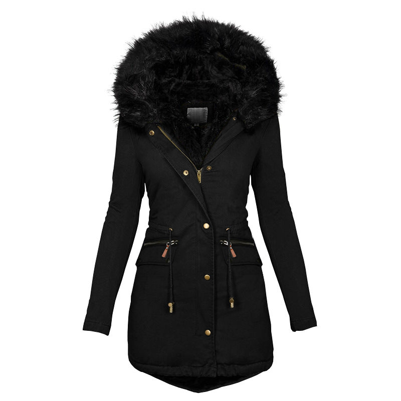 Women's Solid Colorfur Collar Hooded Mid-length Warm Cotton Coat Image